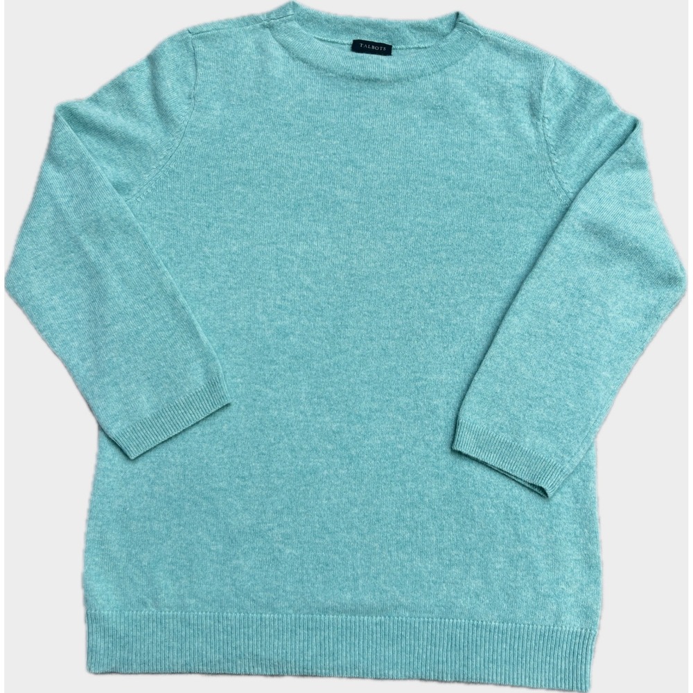 Talbots Pure Cashmere Crewneck Sweater Aqua Turquoise 3/4 Sleeve Womens Medium - Picture 2 of 11